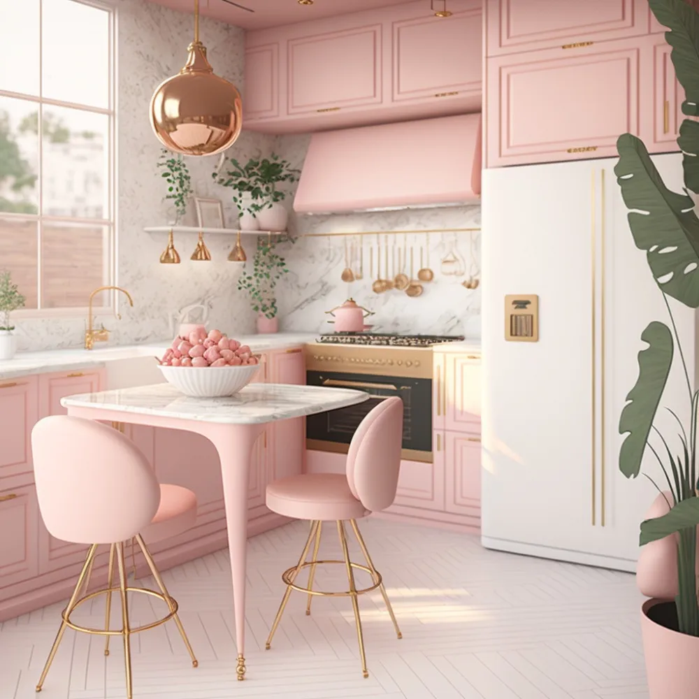 rosa kök inspiration med mässingdetaljer och gröna växter modernt stilrent elegant